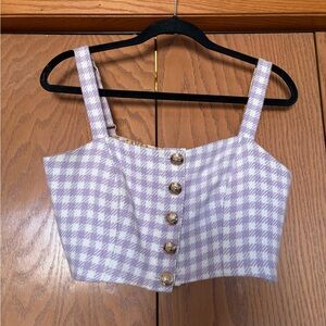 Guess Lavender Gingham Cropped Button Tank